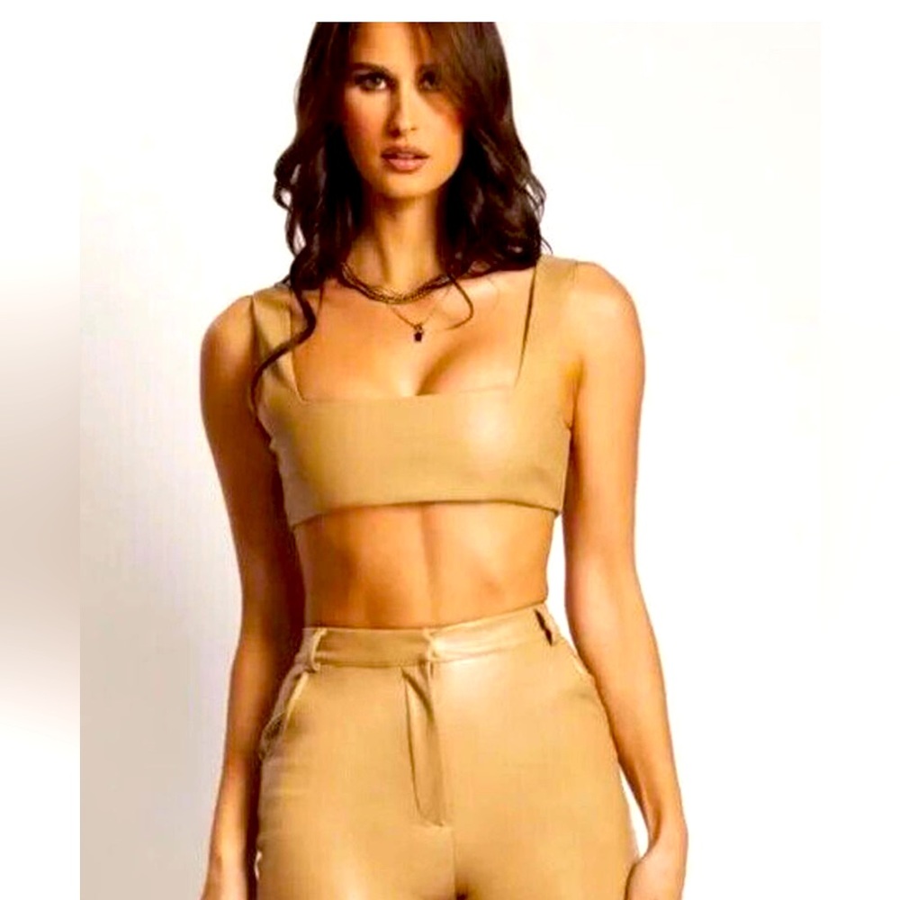 Meshki mahla faux leather square neck crop camel, size small. NWT